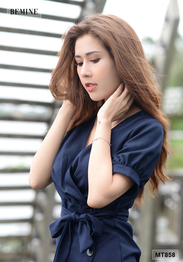 MT858XANH - Đầm đắp chéo ngực cột eo