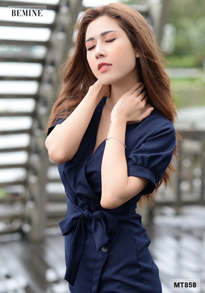 MT858XANH - Đầm đắp chéo ngực cột eo