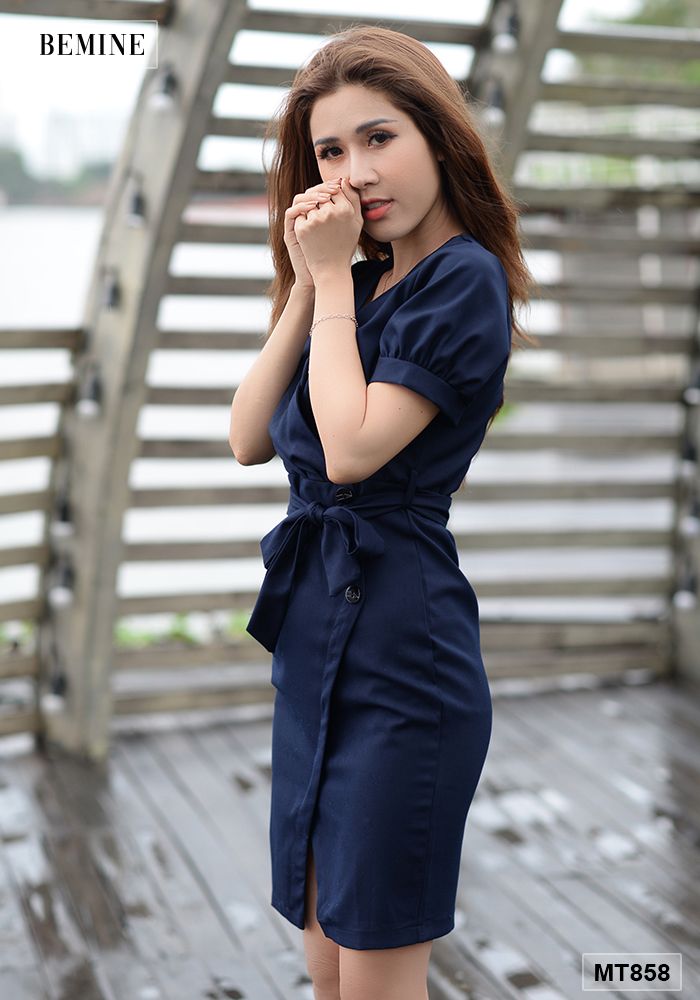 MT858XANH - Đầm đắp chéo ngực cột eo