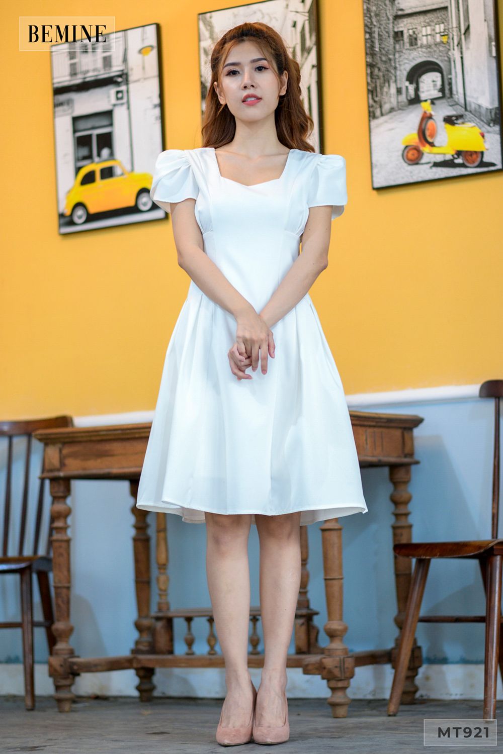MT921TRANG - Đầm trắng 2 lớp xếp ly đáp eo