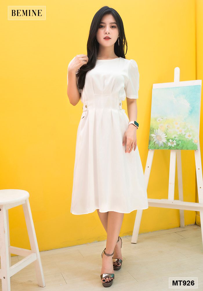 MT926TRANG - Đầm cổ vuông cúc đính 2 bên