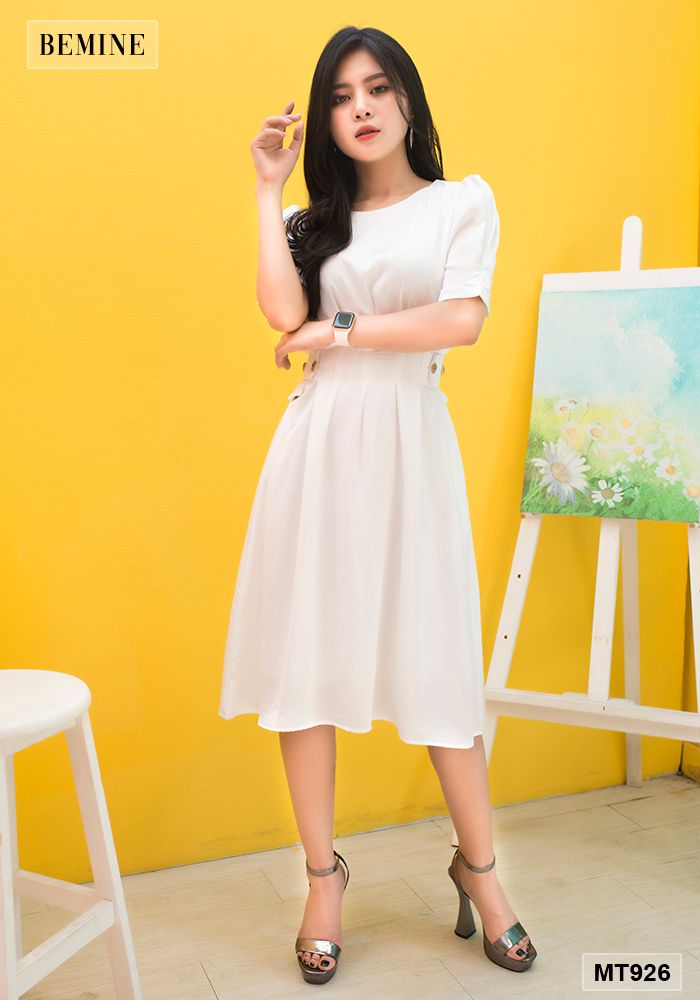 MT926TRANG - Đầm cổ vuông cúc đính 2 bên