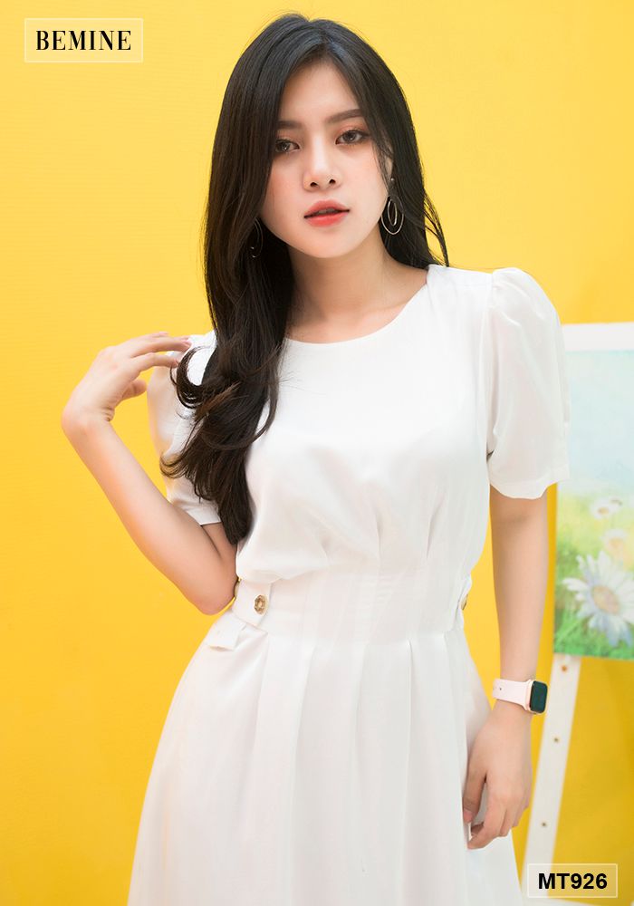 MT926TRANG - Đầm cổ vuông cúc đính 2 bên