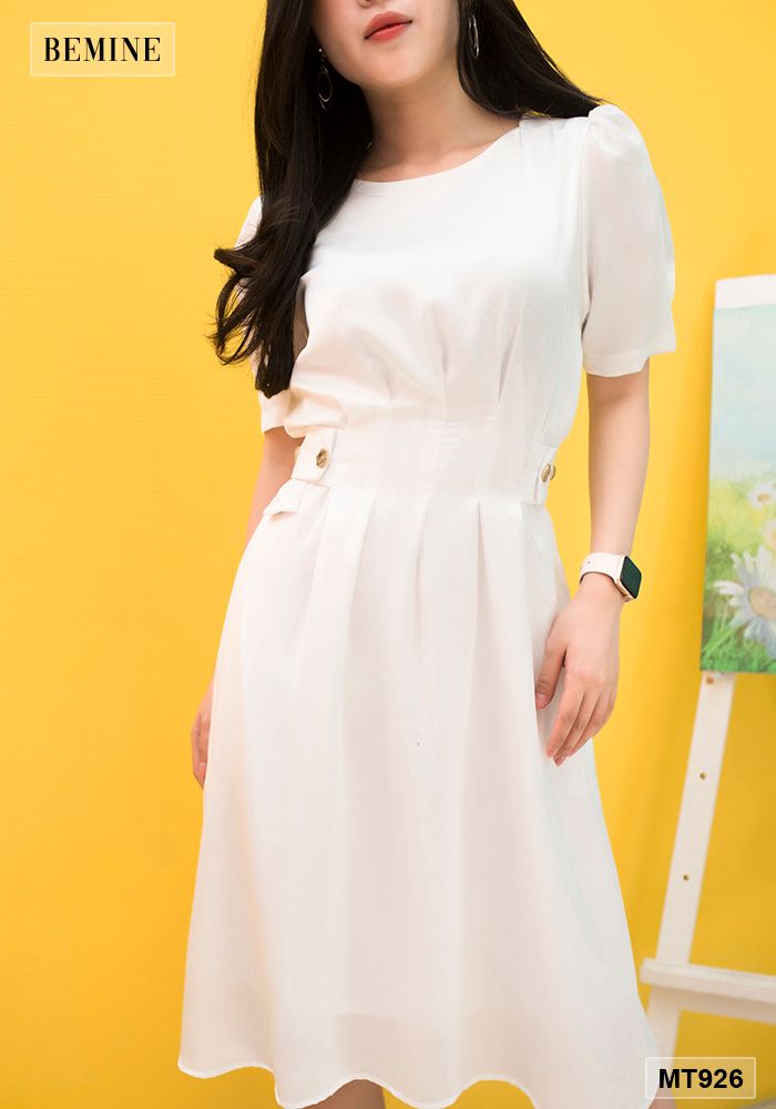 MT926TRANG - Đầm cổ vuông cúc đính 2 bên