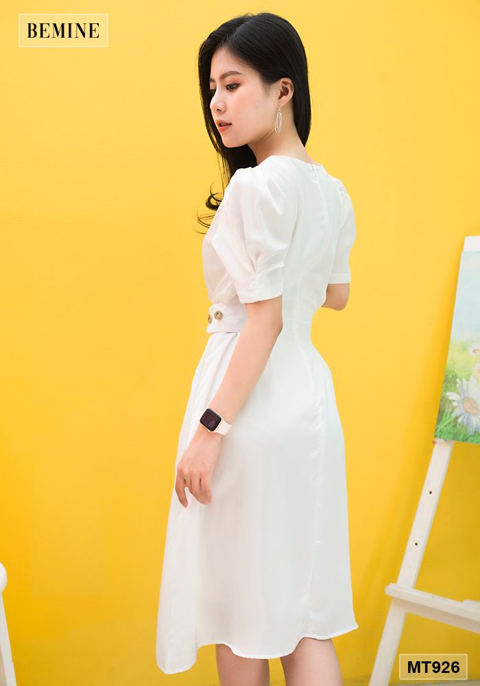 MT926TRANG - Đầm cổ vuông cúc đính 2 bên