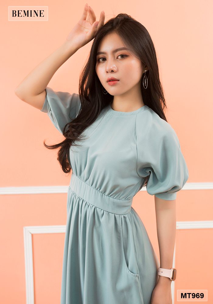 MT969XANH - tùng xoè nhúng eo cổ tròn