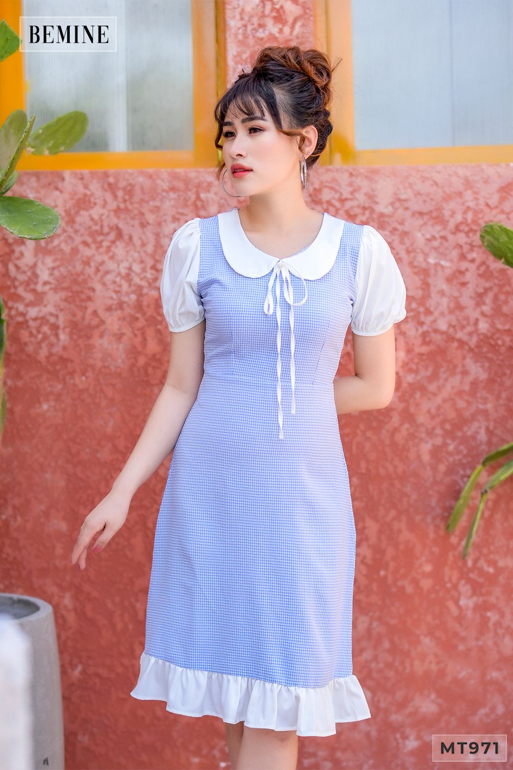 MT971XANH - Đầm caro cổ phối trắng