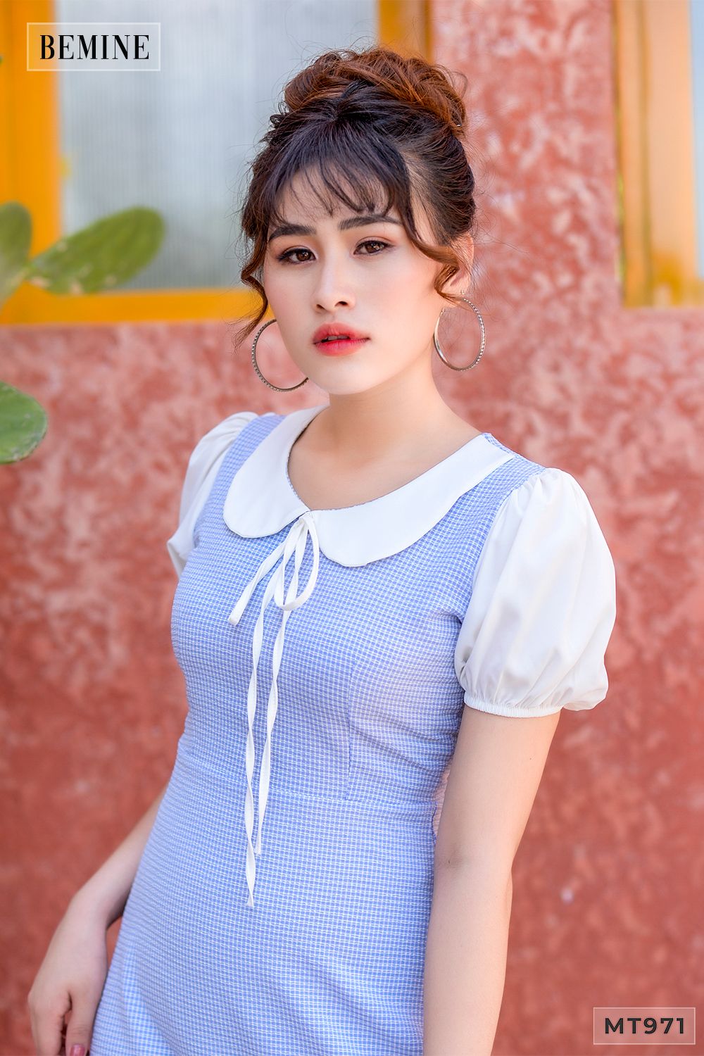 MT971XANH - Đầm caro cổ phối trắng