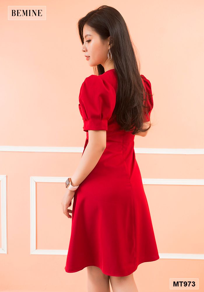 MT973DO - Đầm xếp ly nơ bên eo