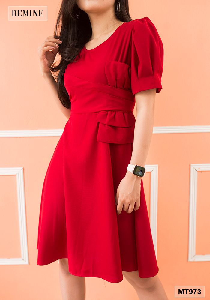 MT973DO - Đầm xếp ly nơ bên eo