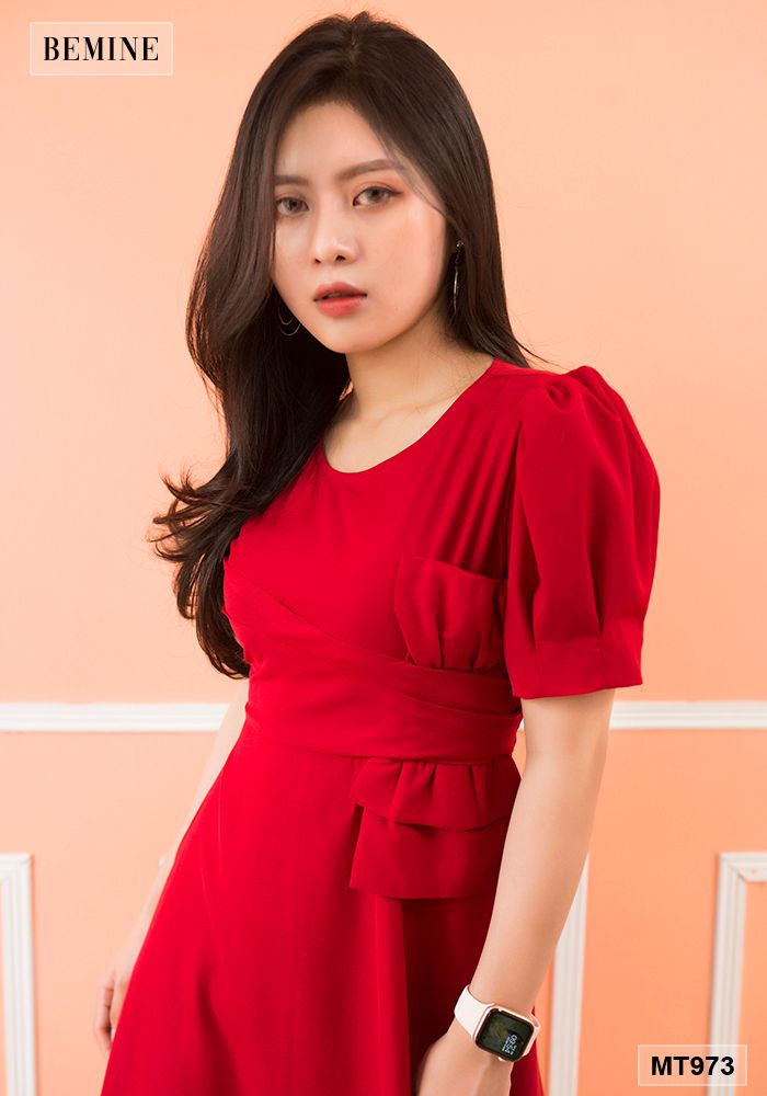 MT973DO - Đầm xếp ly nơ bên eo