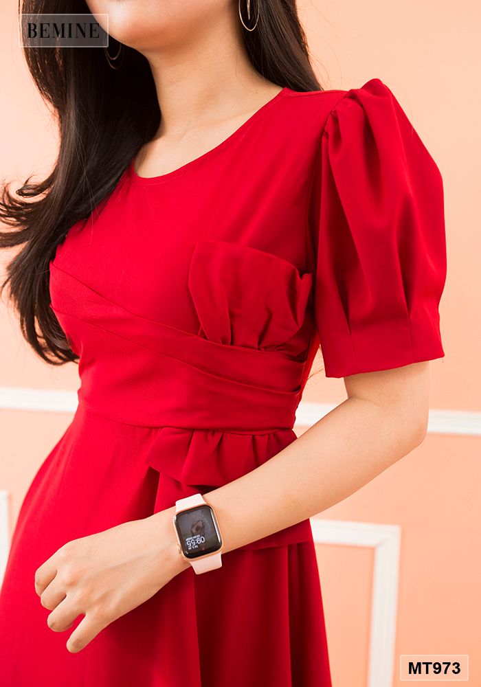 MT973DO - Đầm xếp ly nơ bên eo