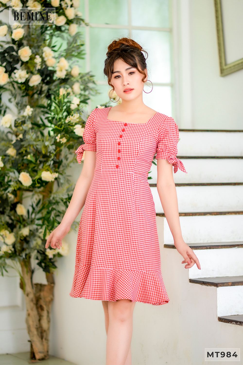MT984DO - Đầm caro đỏ nơ tay