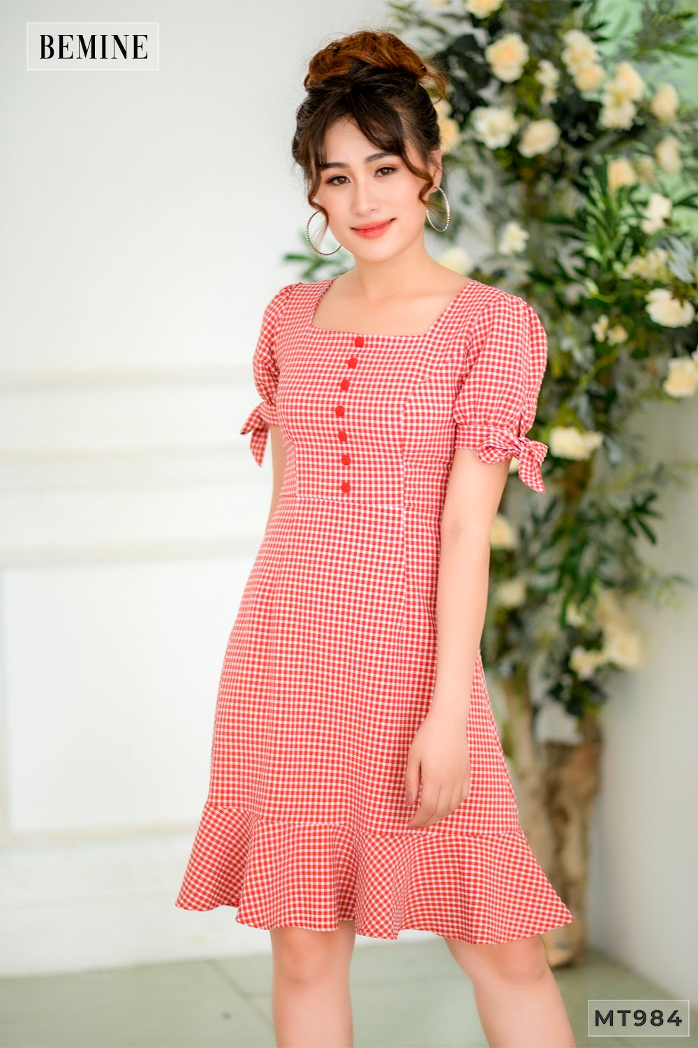 MT984DO - Đầm caro đỏ nơ tay