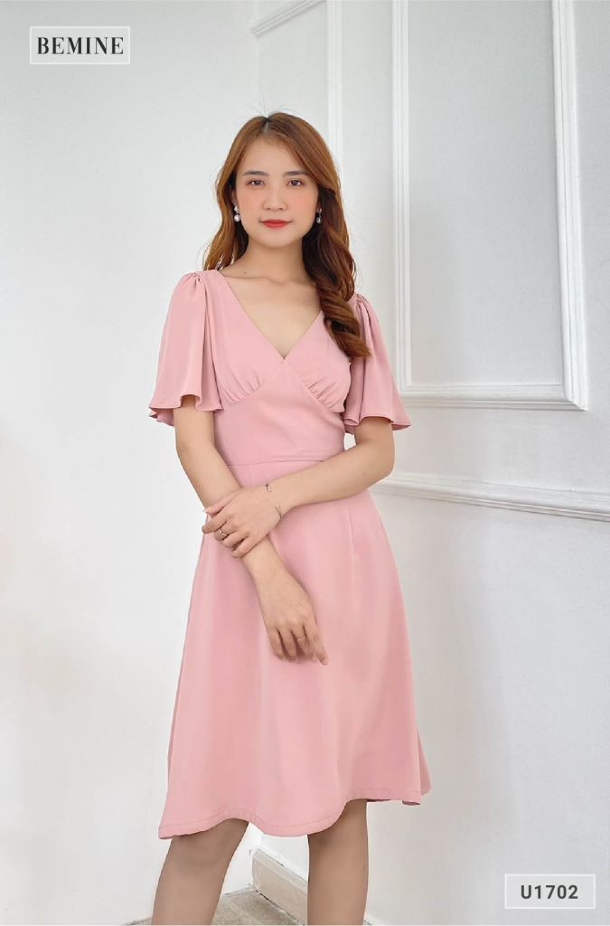 U1702HONG - Đầm cổ tim tay xòe