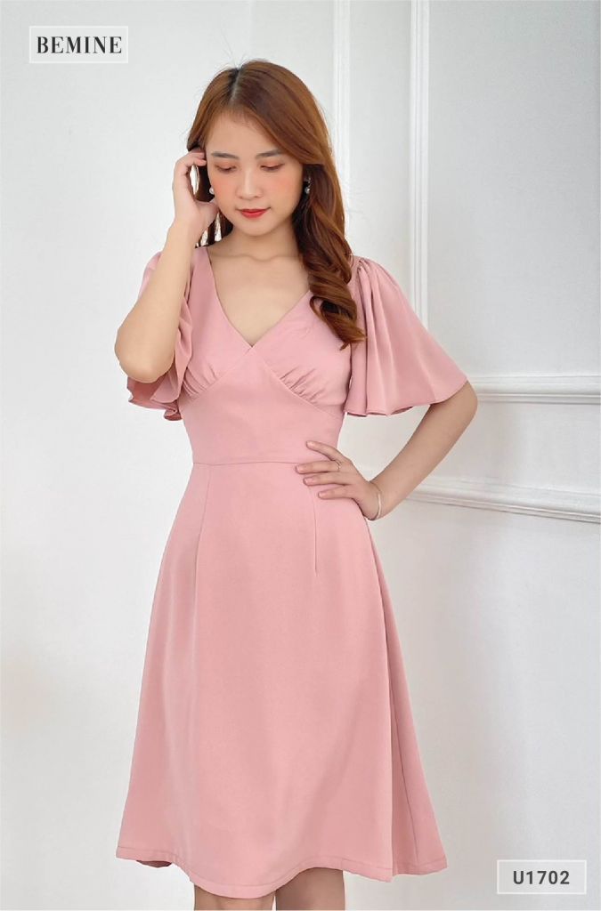 U1702HONG - Đầm cổ tim tay xòe