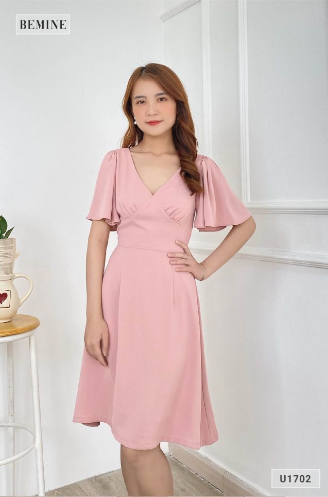 U1702HONG - Đầm cổ tim tay xòe