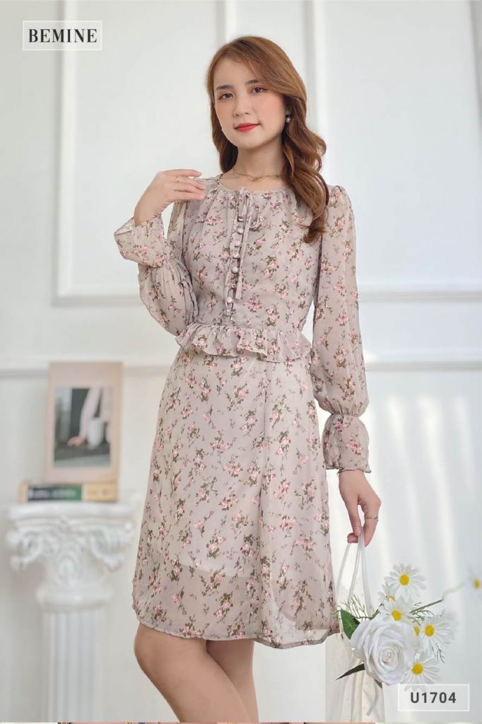 U1704DA - Đầm hoa tay dài bèo eo