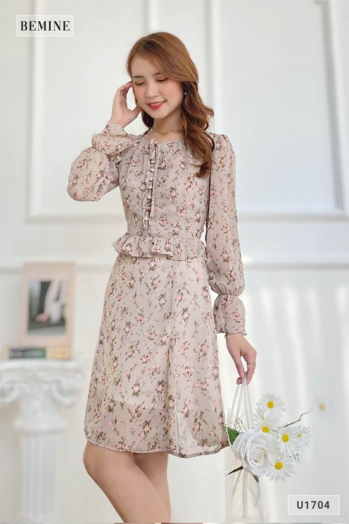 U1704DA - Đầm hoa tay dài bèo eo
