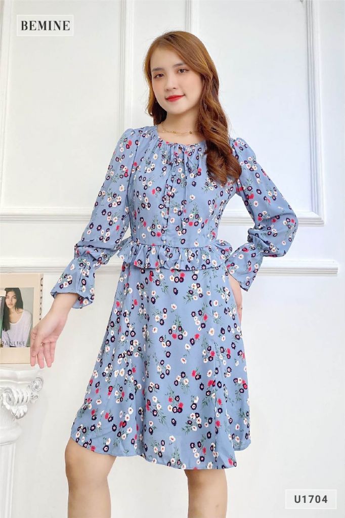 U1704XANH - Đầm hoa tay dài bèo eo
