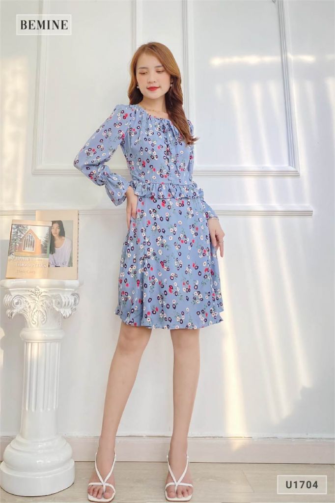 U1704XANH - Đầm hoa tay dài bèo eo