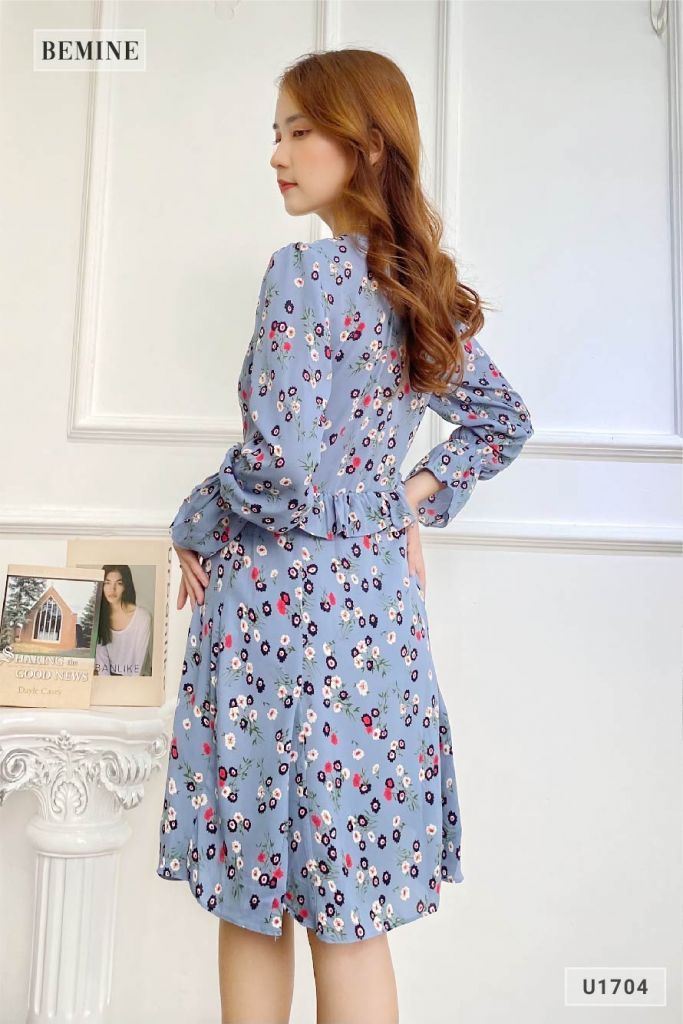 U1704XANH - Đầm hoa tay dài bèo eo