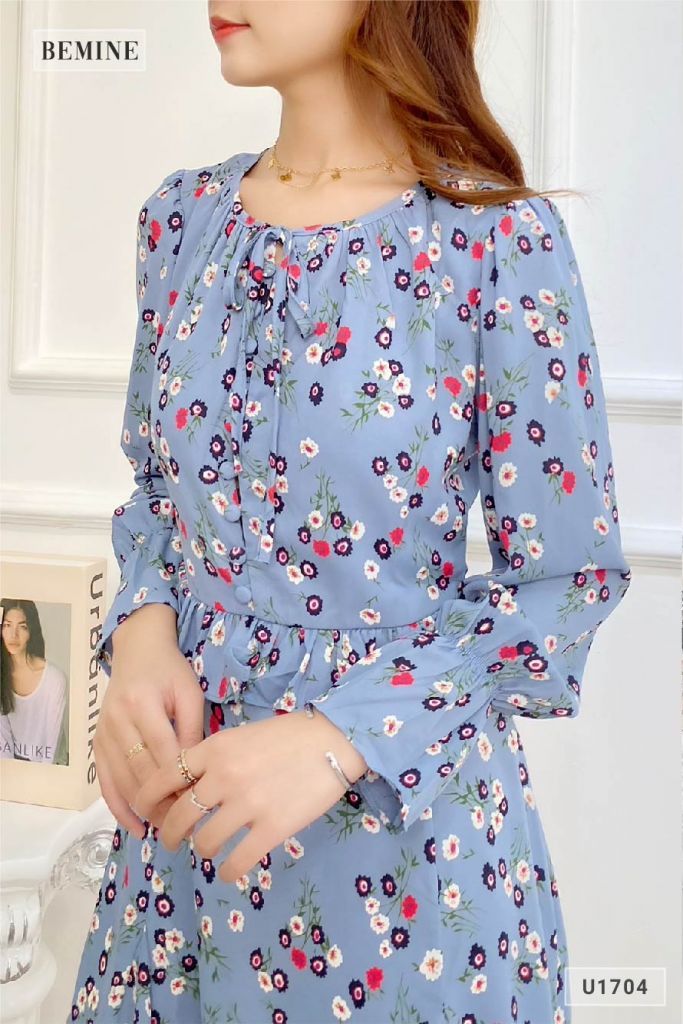 U1704XANH - Đầm hoa tay dài bèo eo