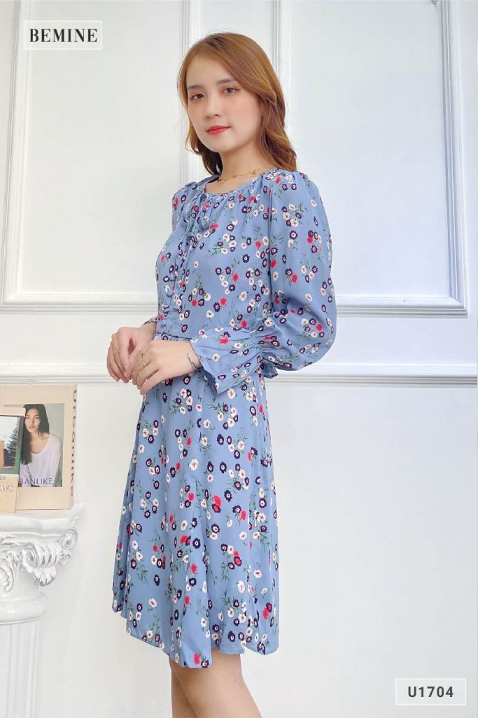 U1704XANH - Đầm hoa tay dài bèo eo