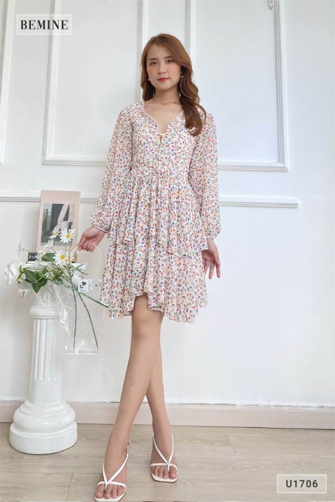 U1706TRANG - Đầm hoa nhí chun eo