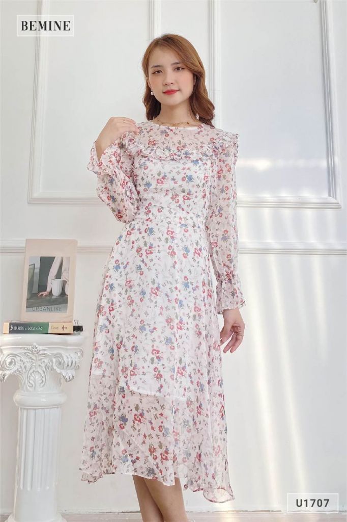 U1707TRANG - Đầm von hoa nhí dây cột eo