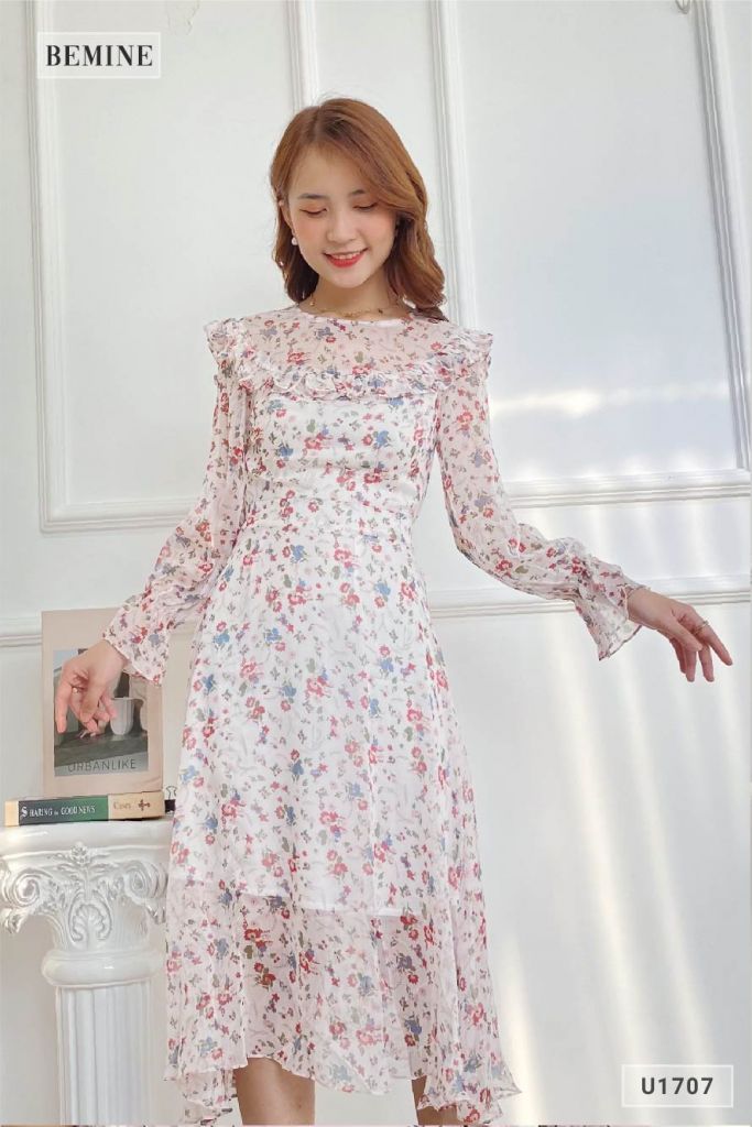U1707TRANG - Đầm von hoa nhí dây cột eo
