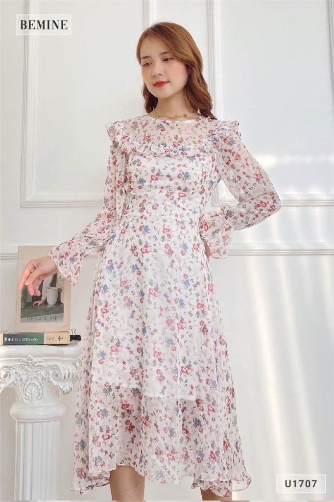 U1707TRANG - Đầm von hoa nhí dây cột eo