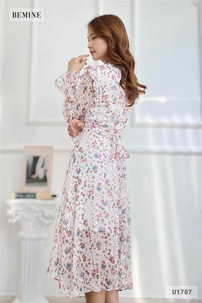 U1707TRANG - Đầm von hoa nhí dây cột eo