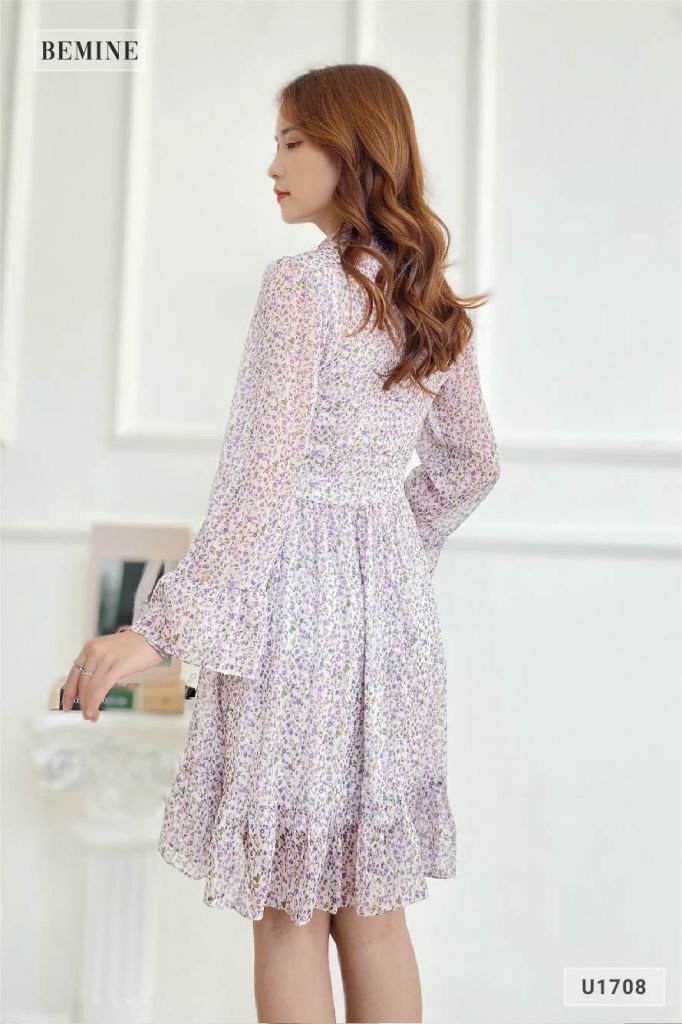 U1708TIM - Đầm hoa nhí dây nơ cột cổ