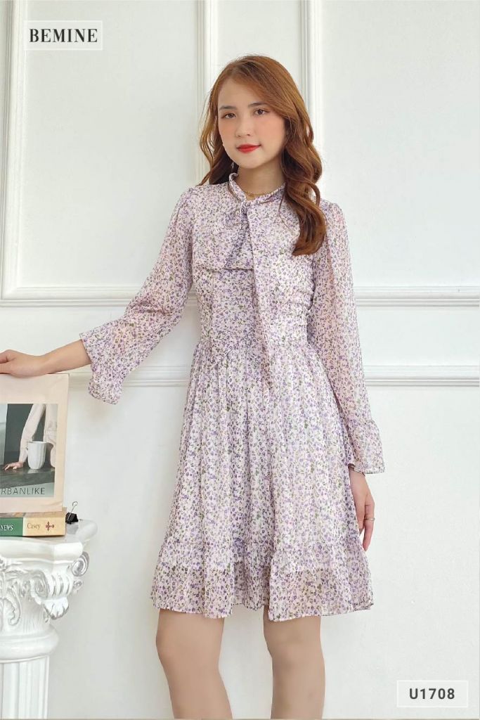 U1708TIM - Đầm hoa nhí dây nơ cột cổ