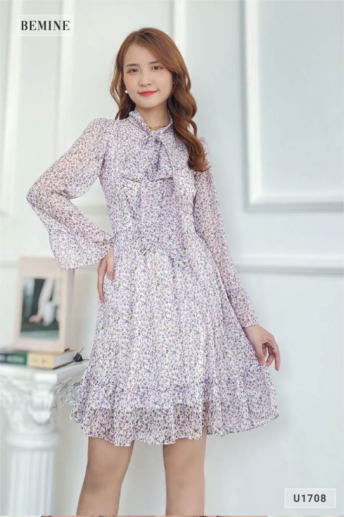 U1708TIM - Đầm hoa nhí dây nơ cột cổ
