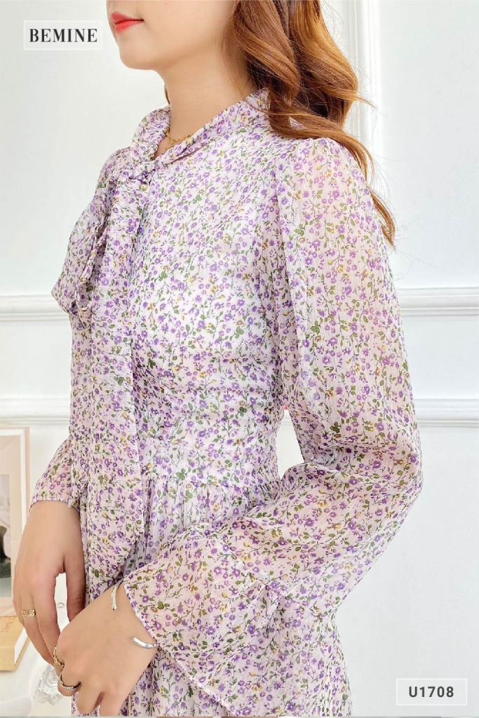 U1708TIM - Đầm hoa nhí dây nơ cột cổ