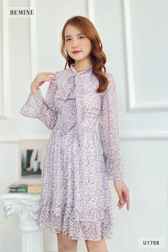 U1708TIM - Đầm hoa nhí dây nơ cột cổ