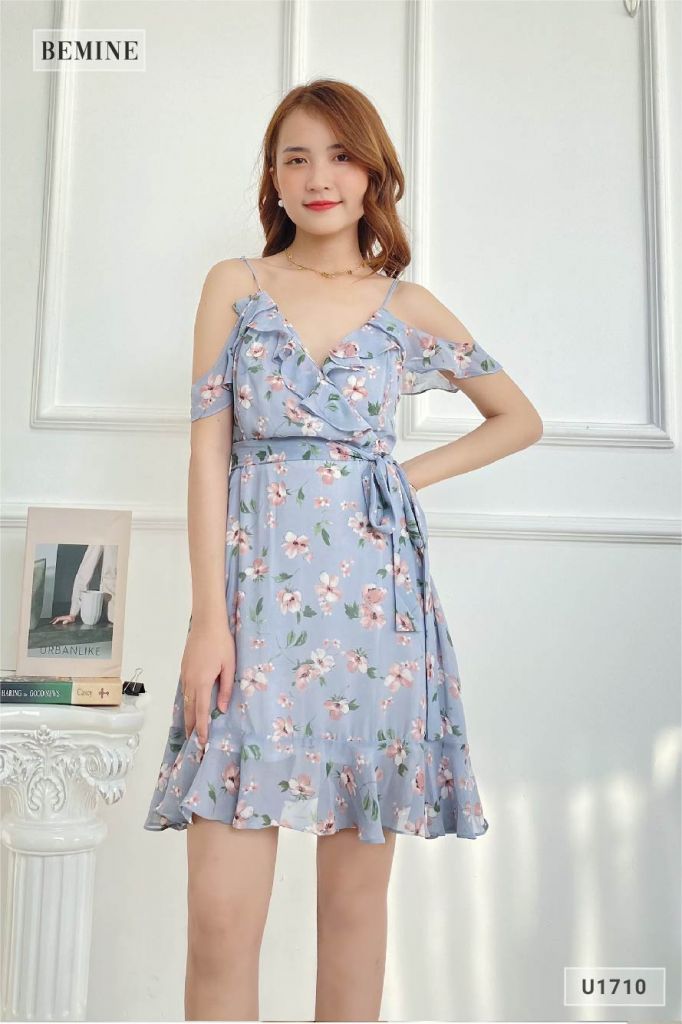 U1710XANH - Đầm bông hai dây cổ đắp chéo