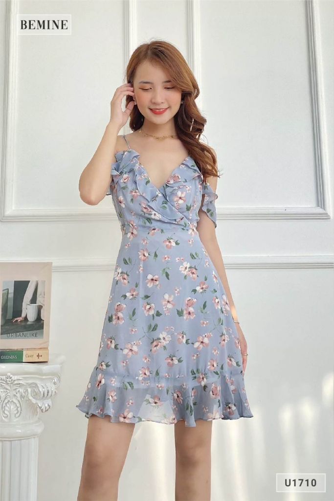 U1710XANH - Đầm bông hai dây cổ đắp chéo