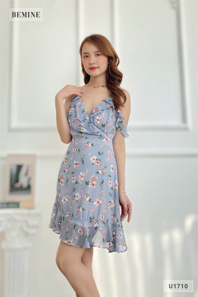 U1710XANH - Đầm bông hai dây cổ đắp chéo