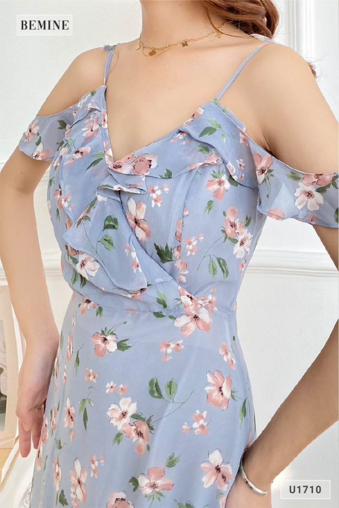 U1710XANH - Đầm bông hai dây cổ đắp chéo