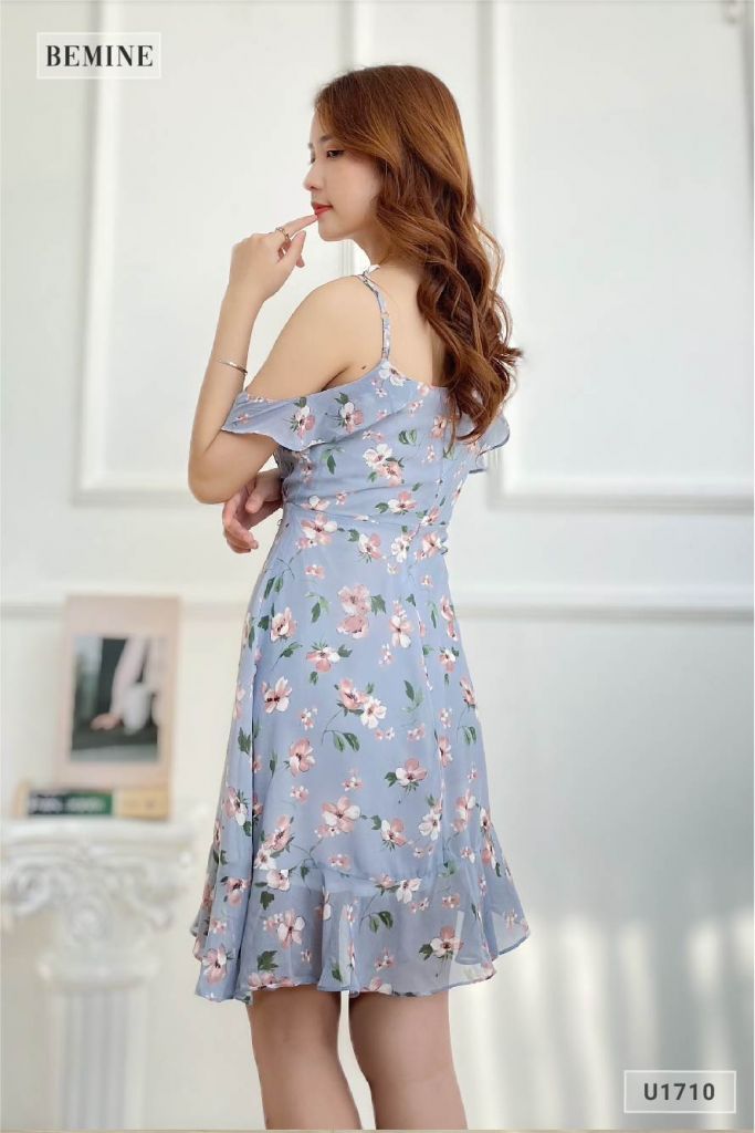 U1710XANH - Đầm bông hai dây cổ đắp chéo