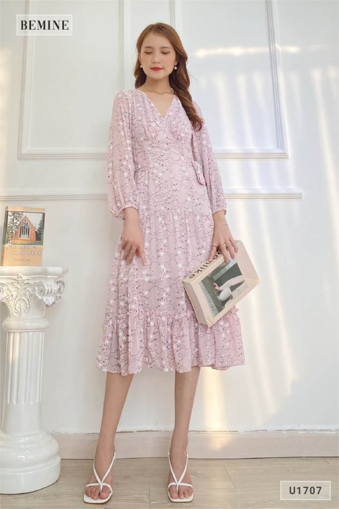 U1711TIM - Đầm voan dài tay dây cột eo