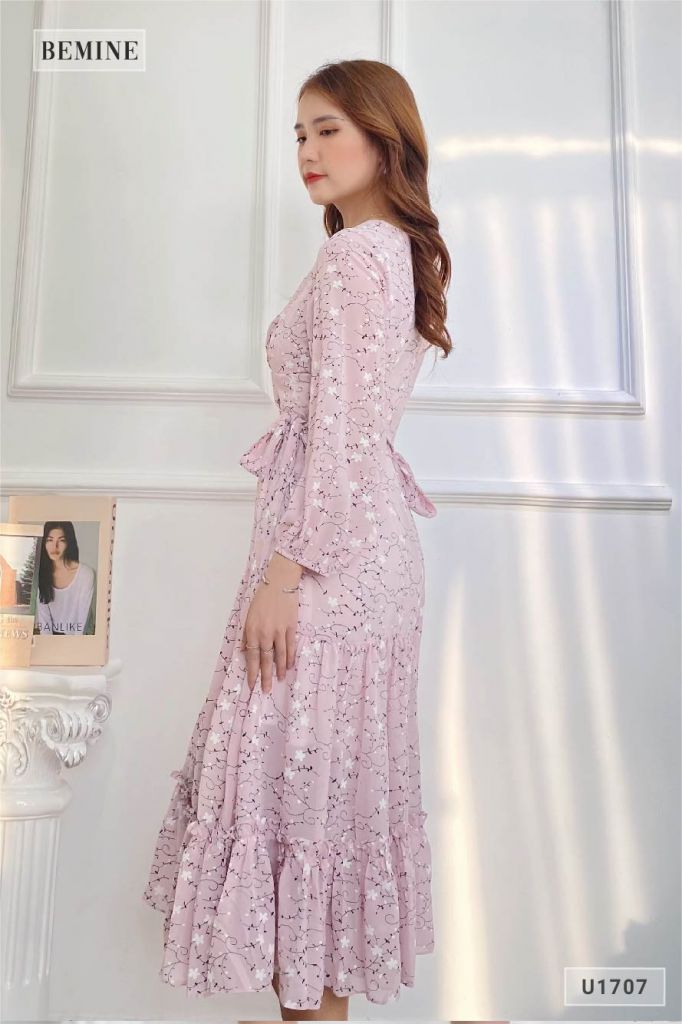 U1711TIM - Đầm voan dài tay dây cột eo
