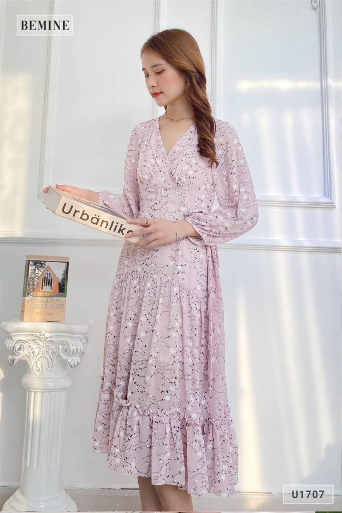 U1711TIM - Đầm voan dài tay dây cột eo