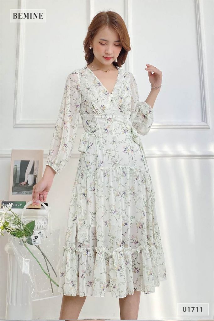 U1711XANH - Đầm voan dài tay dây cột eo