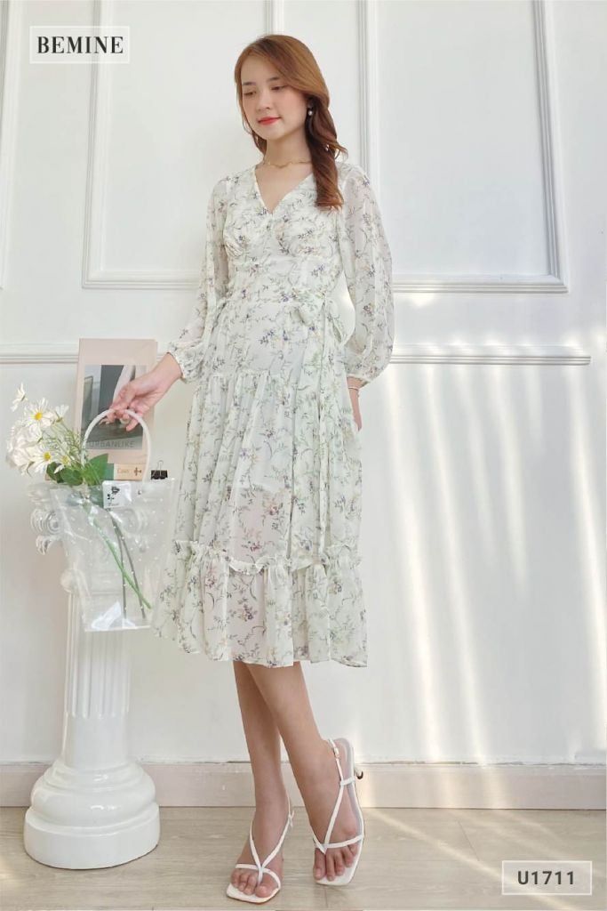 U1711XANH - Đầm voan dài tay dây cột eo