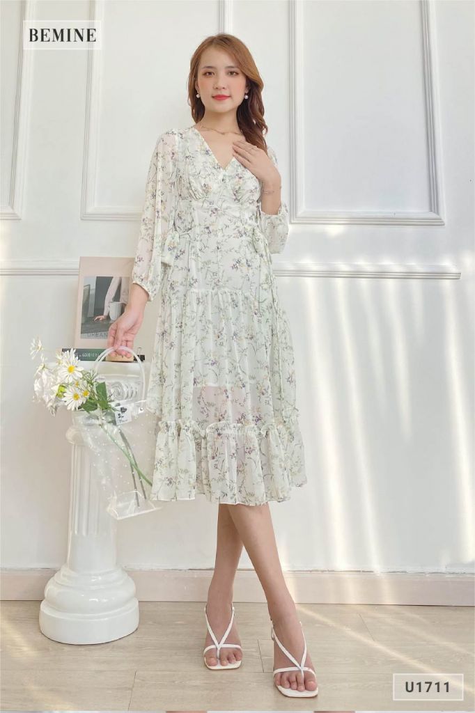 U1711XANH - Đầm voan dài tay dây cột eo