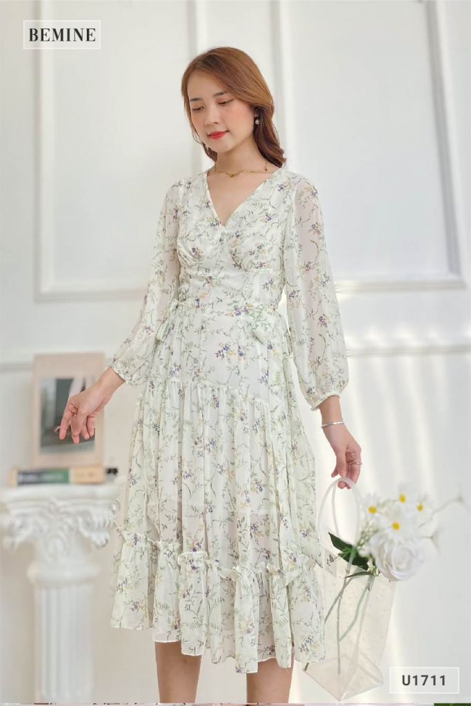 U1711XANH - Đầm voan dài tay dây cột eo